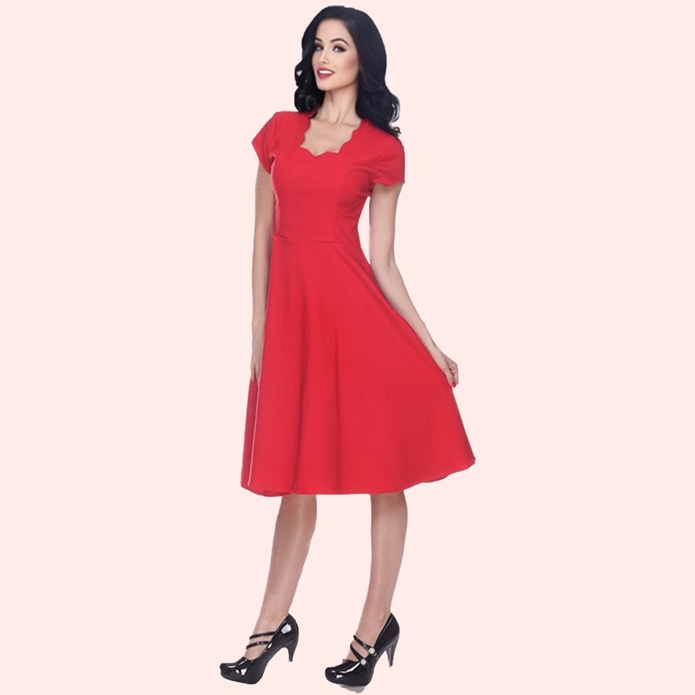 🌺 Glenda Scalloped Neck Swing Dress in Red - Picture 2 of 4